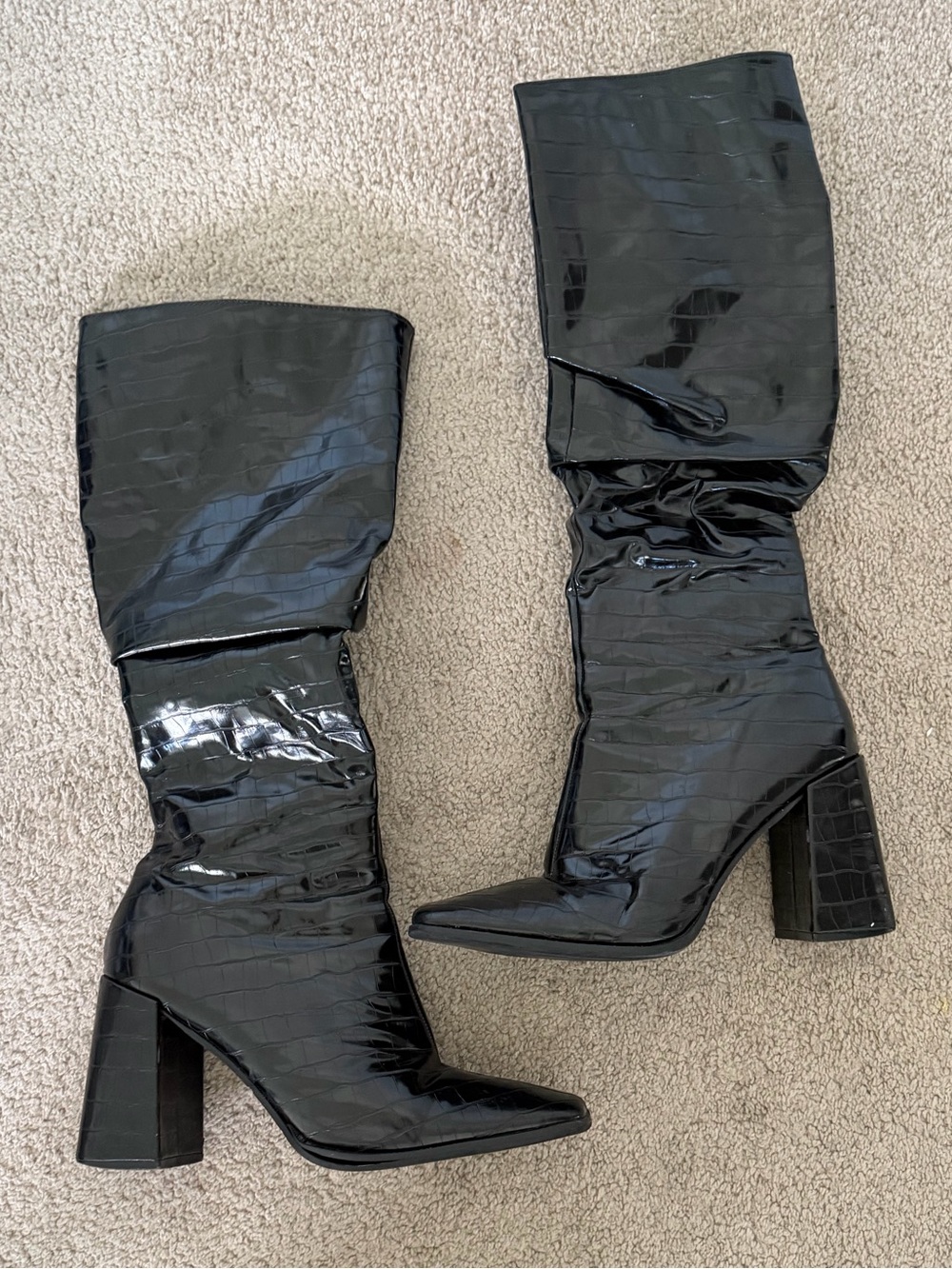 Croc Print Black Knee High Boots